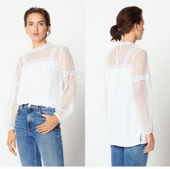 SANDRO White Floral Lace Ruffle Top Blouse | Size 1 - Picture 1 of 13